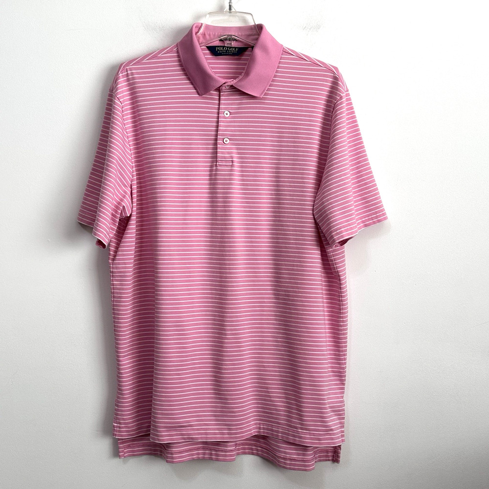Polo Golf Ralph Lauren Mens Shirt L Performance Pink Stripe Short Sleeve Summer